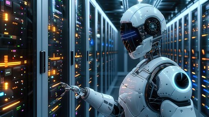 Leinwandbilder - A robot is maintaining server in a high tech server room.