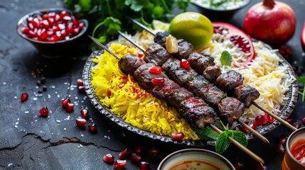 Wall Mural - A plate of vibrant kebabs on yellow rice, adorned with juicy pomegranates, lime, and fresh mint, creates a tantalizing feast for the eyes.