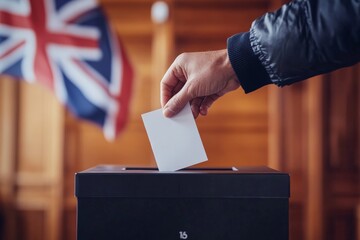 A close-up image shows a hand dropping a vote into a black ballot box, with a background of an intricate flag, representing democracy and civic participation.