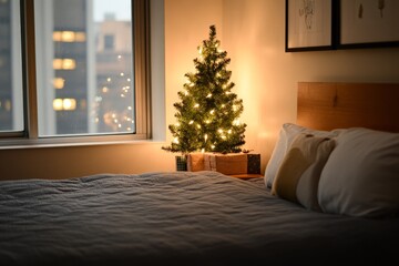 A modern urban bedroom with a glowing Christmas tree by the window reflects the city's lights. The room's design blends contemporary charm with festive holiday spirit.