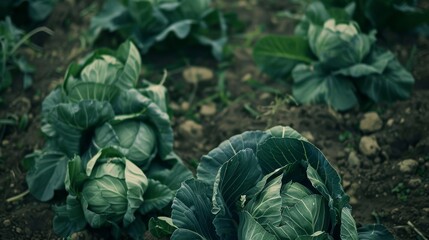 Canvas Print - Fresh cabbages nestle in rich soil, vibrant green against the earthy backdrop, embodying the essence of growth and agriculture.