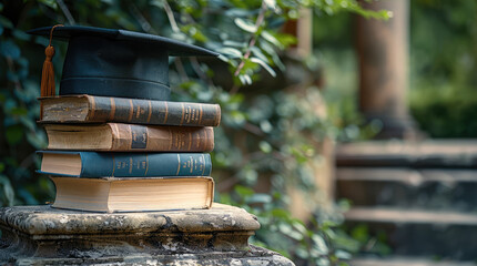 An old stone pillar with the top decorated by two books and one diploma, adorned with a graduation cap.