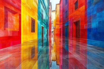 A narrow street with colorful buildings reflects in a wet pavement, creating a vibrant and symmetrical scene.