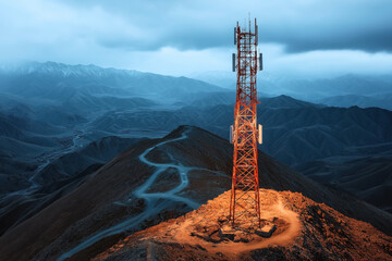 Poster - A tall red and white telecommunications tower stands on a rugged mountain peak with winding paths, set against a backdrop of vast mountain ranges under a cloudy sky.