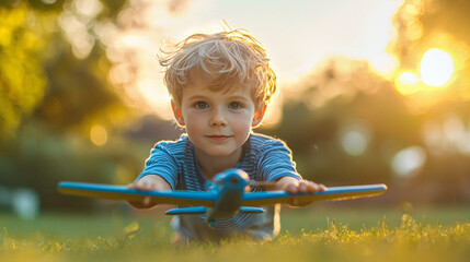 young boy flying a toy airplane in the backyard, with a focus on the simplicity and joy of childhood