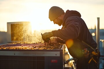 Poster - A dedicated technician works on a rooftop HVAC system during a stunning sunset, with focus on maintenance, highlighting his expertise and commitment to ensuring efficiency.