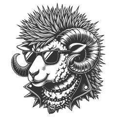 punk ram wearing sunglasses, a spiked mohawk, and a leather jacket with a spiked collar sketch engraving generative ai raster illustration. Scratch board imitation. Black and white image.