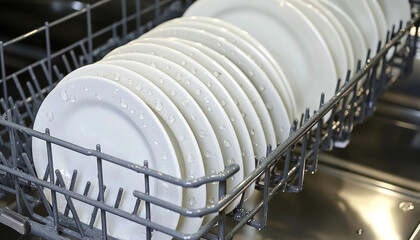 A close-up view of clean white plates stacked in a dishwasher, showcasing their shine and water droplets.