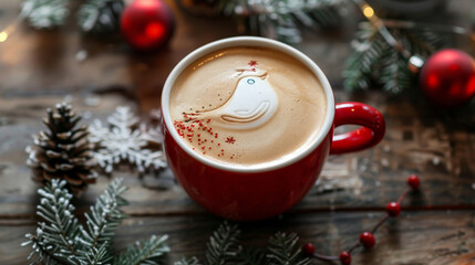 Wall Mural - A festive cup of coffee with intricate bird-shaped foam art, surrounded by Christmas decorations on a rustic wooden table, top view, creating a warm and cozy holiday atmosphere