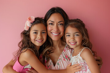 Woman is hugging two young girls, both of whom are wearing pink dresses. The woman is smiling and she is happy. The image conveys a warm and loving atmosphere, with the mother