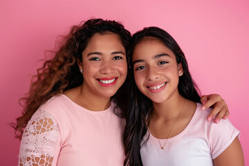 Two women are smiling for the camera, one wearing a pink shirt