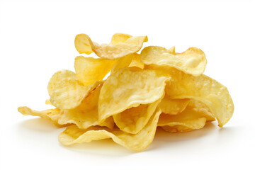 A pile of potato chips on a white background