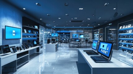 a modern electronics store interior showcasing the latest gadgets and technology.