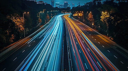 Poster - An urban road with cars passing at night, long exposure, streaking lights.