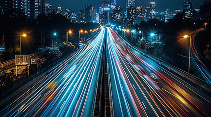 Wall Mural - An urban road with cars passing at night, long exposure, streaking lights.