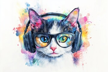 Watercolor cat with headphones and glasses