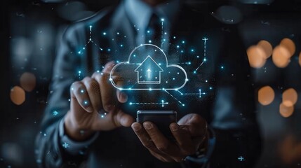 Fototapete - A businessman using cloud technology for data transfer and storage. touching a virtual screen with an upward-pointing arrow, holding a smartphone with an icon for a digital online service connection.