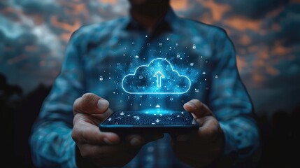Fototapete - A businessman using cloud technology for data transfer and storage. touching a virtual screen with an upward-pointing arrow, holding a smartphone with an icon for a digital online service connection.
