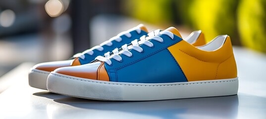 A pair of colorful sneakers on a clean surface with room for product details and text