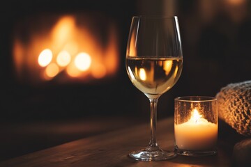 Aufkleber - A gentle scene with a glass of white wine beside a candle, set before a warm and inviting fireplace, creating an atmosphere of relaxation and elegance.