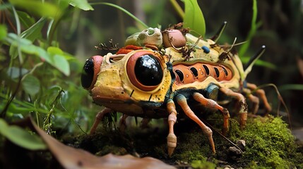 Sticker - A whimsical, biomechanical insect sculpture in a lush forest setting