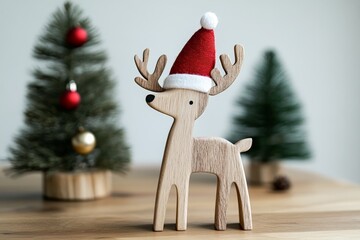 a wooden reindeer ornament wearing a santa hat is surrounded by small christmas trees, with a festiv