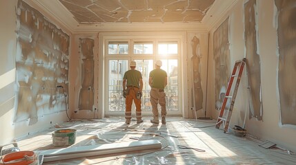 Aufkleber - Two workers are renovating a room in a luxury apartment.