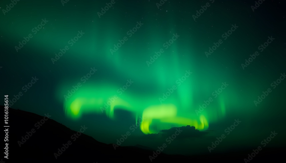 northern lights in a vibrant green aurora borealis sky over silhouetted ...