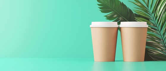 Two coffee cups with green background and palm leaves.