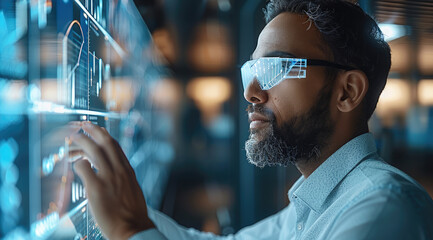 Fototapete - Businessman augmented reality project management, transparent screens, modern office.