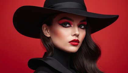 A striking model in a wide-brimmed hat poses against a vivid red background