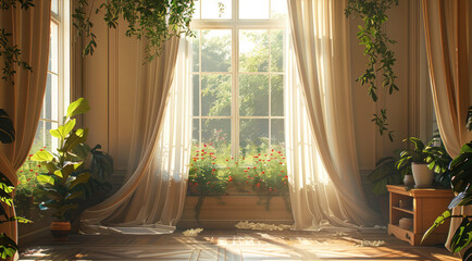 Aufkleber - A large window with sheer curtains, adorned by green plants and flowers, sits in the center of an empty room decorated with wooden furniture.