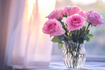 A delicate arrangement of pink roses in a clear vase sits by a sunlit window, casting a warm and serene ambiance perfect for a calming atmosphere.