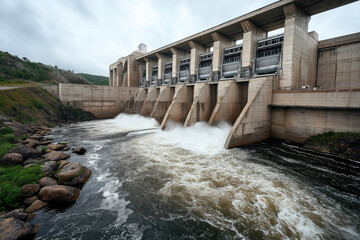 Canvas Print - Large hydroelectric dam structure with multiple spillways releasing water into the river, surrounded by rocky terrain and green foliage under a cloudy sky.