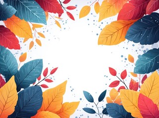 Wall Mural - Autumn leaves in orange, yellow, and blue scattered in a circular pattern with speckles on a white background Generative AI