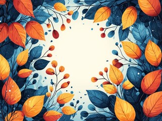 Wall Mural - Autumn leaves in orange, yellow, and blue scattered in a circular pattern with speckles on a white background Generative AI