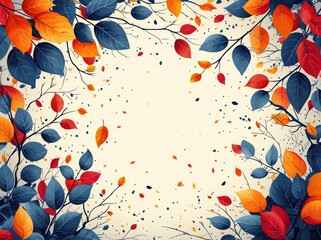 Wall Mural - Autumn leaves in orange, yellow, and blue scattered in a circular pattern with speckles on a white background Generative AI