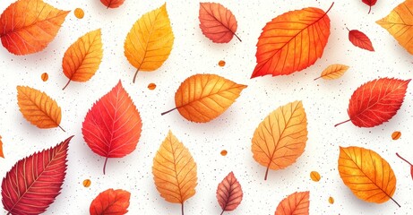 Wall Mural - Autumn leaves in shades of red, orange, and yellow scattered on a white background with speckles Generative AI