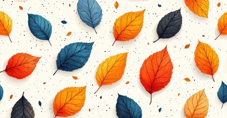 Wall Mural - Autumn leaves in shades of red, orange, and yellow scattered on a white background with speckles Generative AI