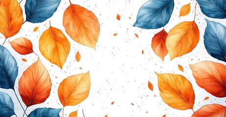 Wall Mural - Autumn leaves in shades of red, orange, and yellow scattered on a white background with speckles Generative AI
