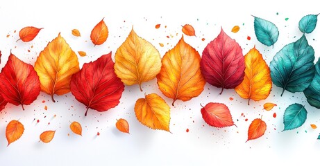 Wall Mural - Colorful autumn leaves in shades of red, orange, yellow, and teal arranged in a gradient on a white background Generative AI