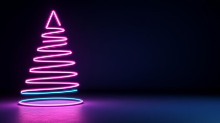 Wall Mural - Abstract neon Christmas tree formed by swirling glowing light trails on a deep purple-to-black gradient background with floating sparkles 