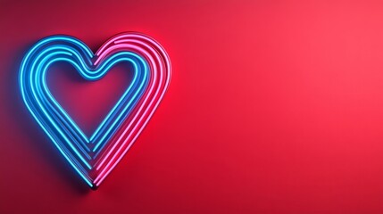 Poster - Abstract neon heart fractals exploding into colorful light patterns on a vibrant red-to-magenta gradient background 