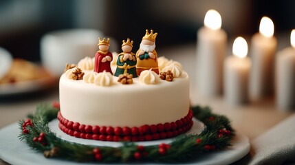 Canvas Print - Beautifully decorated Epiphany cake with a hidden figurine inside, surrounded by festive candles and wreaths, ready for a joyful Three Kings Day feast 