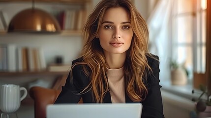 Aufkleber - A female CEO with brown hair and brown eyes. she is sitting at her desk working.