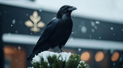 Wall Mural - Black raven sitting atop a snow-draped evergreen branch, dark silhouette sharply contrasting the icy winter landscape, cold wind rustling through feathers 