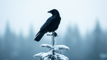 Wall Mural - Black raven sitting atop a snow-draped evergreen branch, dark silhouette sharply contrasting the icy winter landscape, cold wind rustling through feathers 