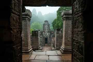 Poster - Ancient stone temple ruins with intricate carvings and lush green trees in the background, displaying a doorway view towards the central temple tower in a misty setting.