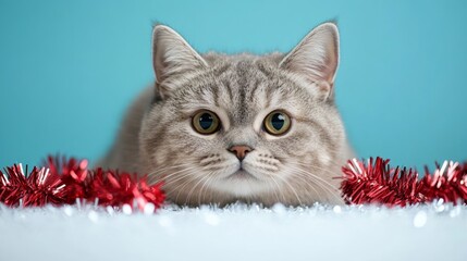 Poster - British Shorthair with a Christmas bow playing with tinsel on a snowy white-to-light-blue gradient background 