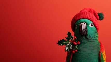 Poster - Christmas parrot wearing a red and green hat holding holly in its beak on a vibrant red-to-orange gradient background 